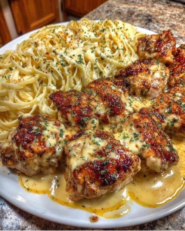 Creamy Garlic Butter Chicken with Alfredo Pasta.
